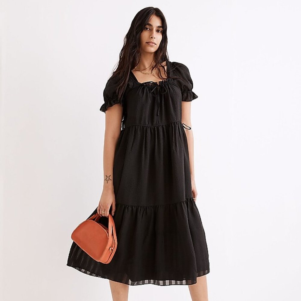 Madewell Square-Neck Tiered Midi Dress in Textured Seersucker